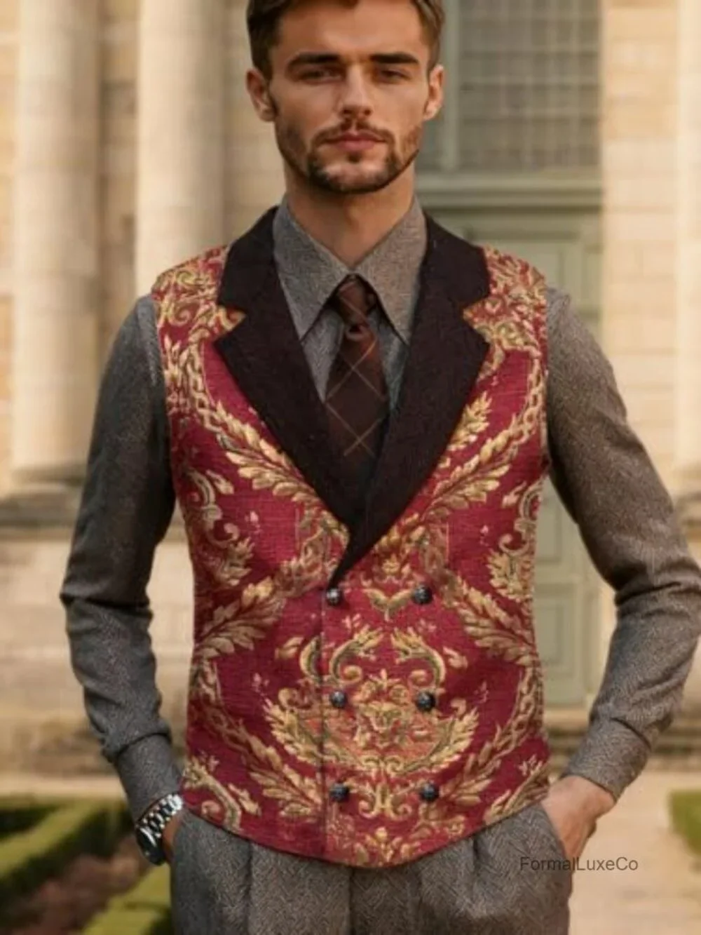 Victorian Steampunk Men's Corset Vest Double Breasted Jacquard Brocade Goth
